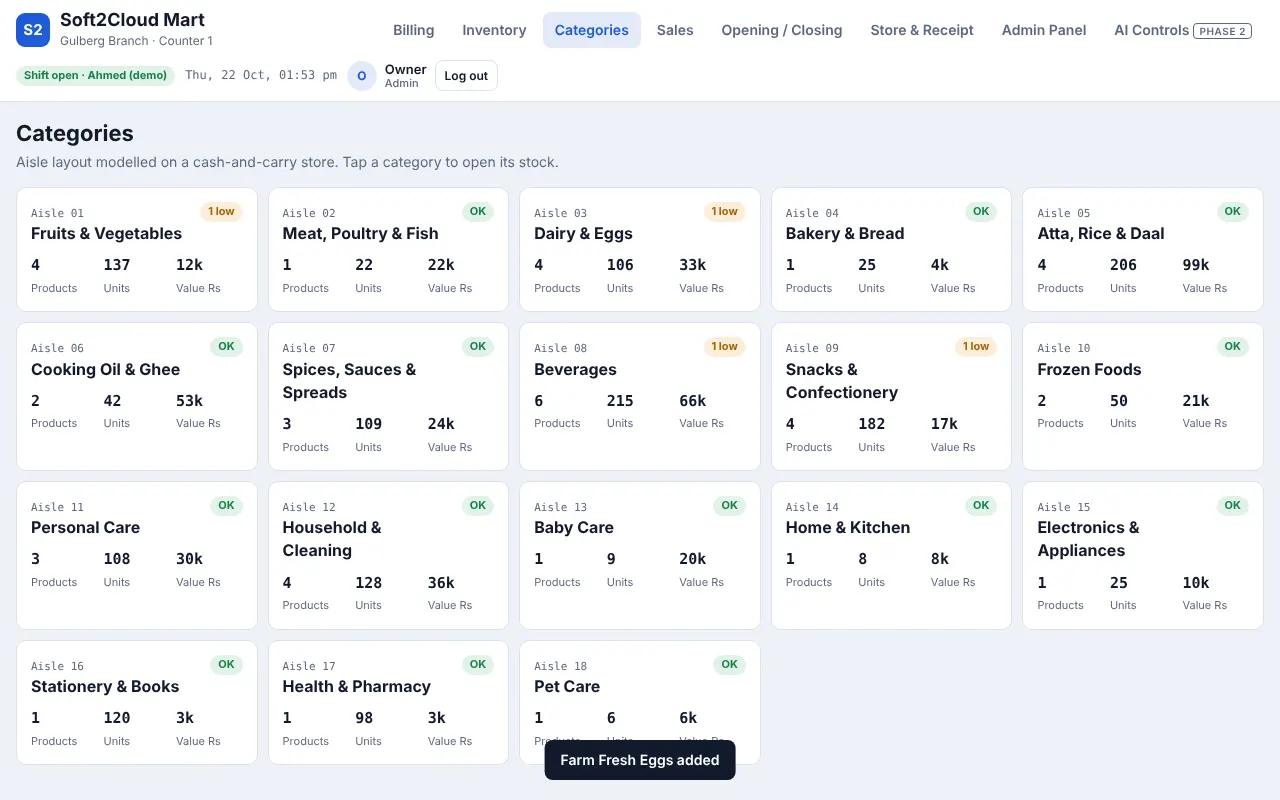 Mart POS — Product categories with stock counts